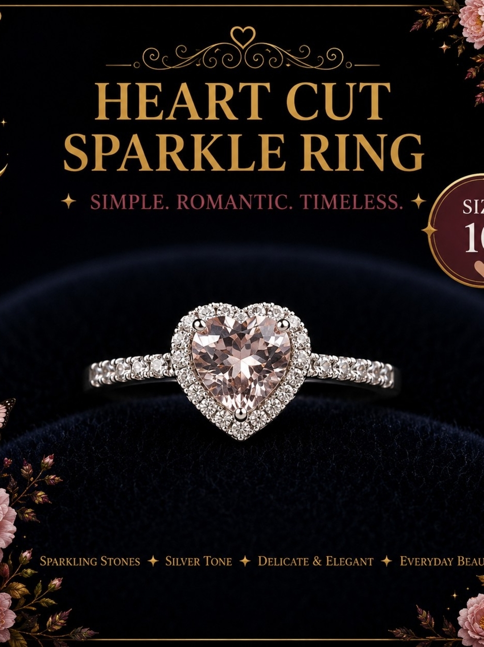 Heart Cut Sparkle Ring in Blush Pink and Silver Tone Size 10!